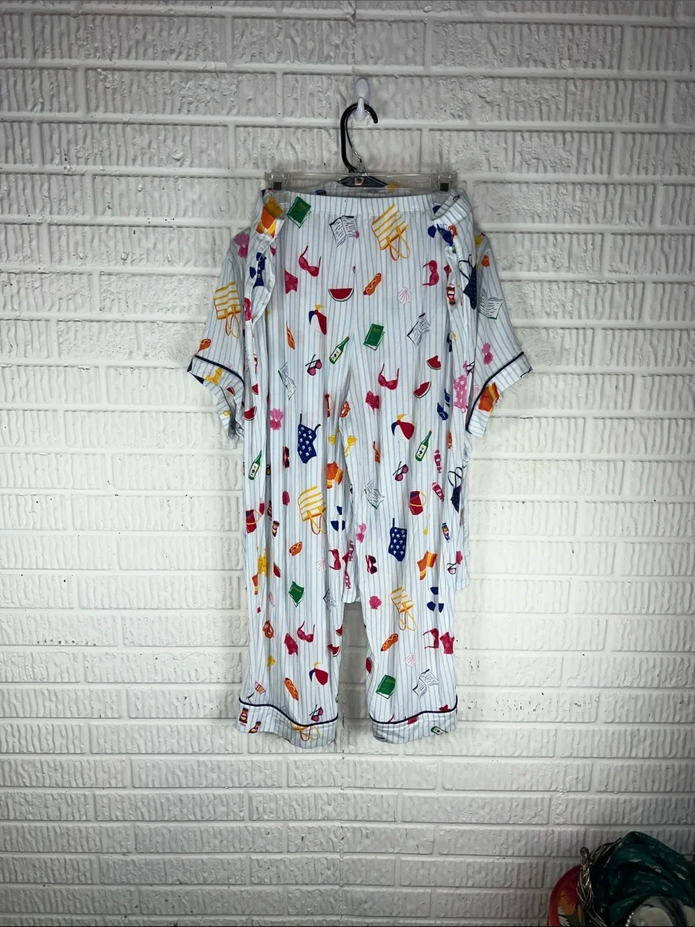 Kate Spade Striped Short Sleeve Pajama Set with Colorful Icons Beach theme - Picture 2 of 3